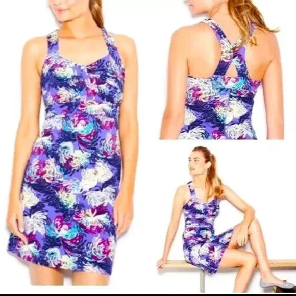 Garnet Hill Dresses & Skirts - Zinni Garnett Hill Yoga Dress Womens S Purple Floral Shelf Bra Racer Back Active